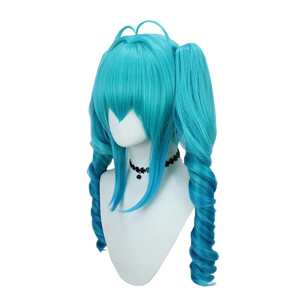 ผมสังเคราะห์สำหรับคอสเพลย์ขนาด 28 นิ้ว พร้อมหน้าม้า สีมิคุไล่เฉดสีฟ้า-น้ำเงิน ปลายผมหยิกเป็นหางม้า วิกผมโลลิต้าสำหรับงานปาร์ตี้ฮาโลวีน