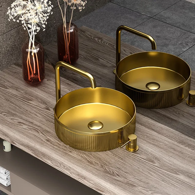 Nordic light luxury gold stainless steel countertop basin creative bathroom round wash basin hotel homestay wash basin