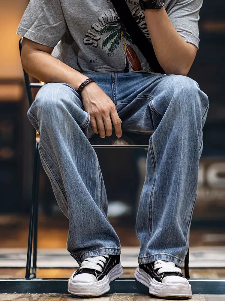 

Men's Loose Straight Leg Jeans Large Size Rayon Emed Summer New American Retro Thin Long Pants Casual Wear Spring Autumn