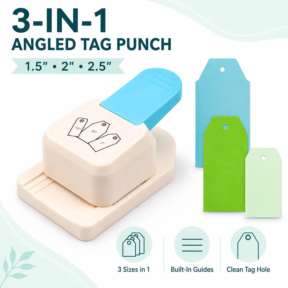 3-in-1 Gift Tag Punch for 1.5/2/2.5in Paper, ABS Body with Metal Cutting Die for Scrapbooking, Greeting Cards and Bookmarks