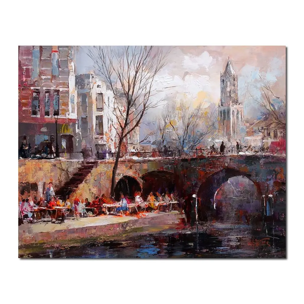 Contemporary Landscape Canvas Art City Utrecht Handmade Textured Modern Painting Cityscape Abstract Artwork Living Room Decor