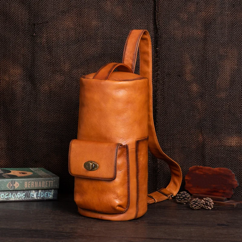 Cowhine tree paste leather cylinder long high - capacity vintage chest bag cross - body bucket bag travel backpack
