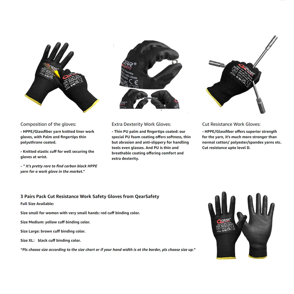 Black Cut Level D Protect General Work Safety Gloves, Thin PU Palm And Fingertips Coated, Dexterity, Grip, Breathable