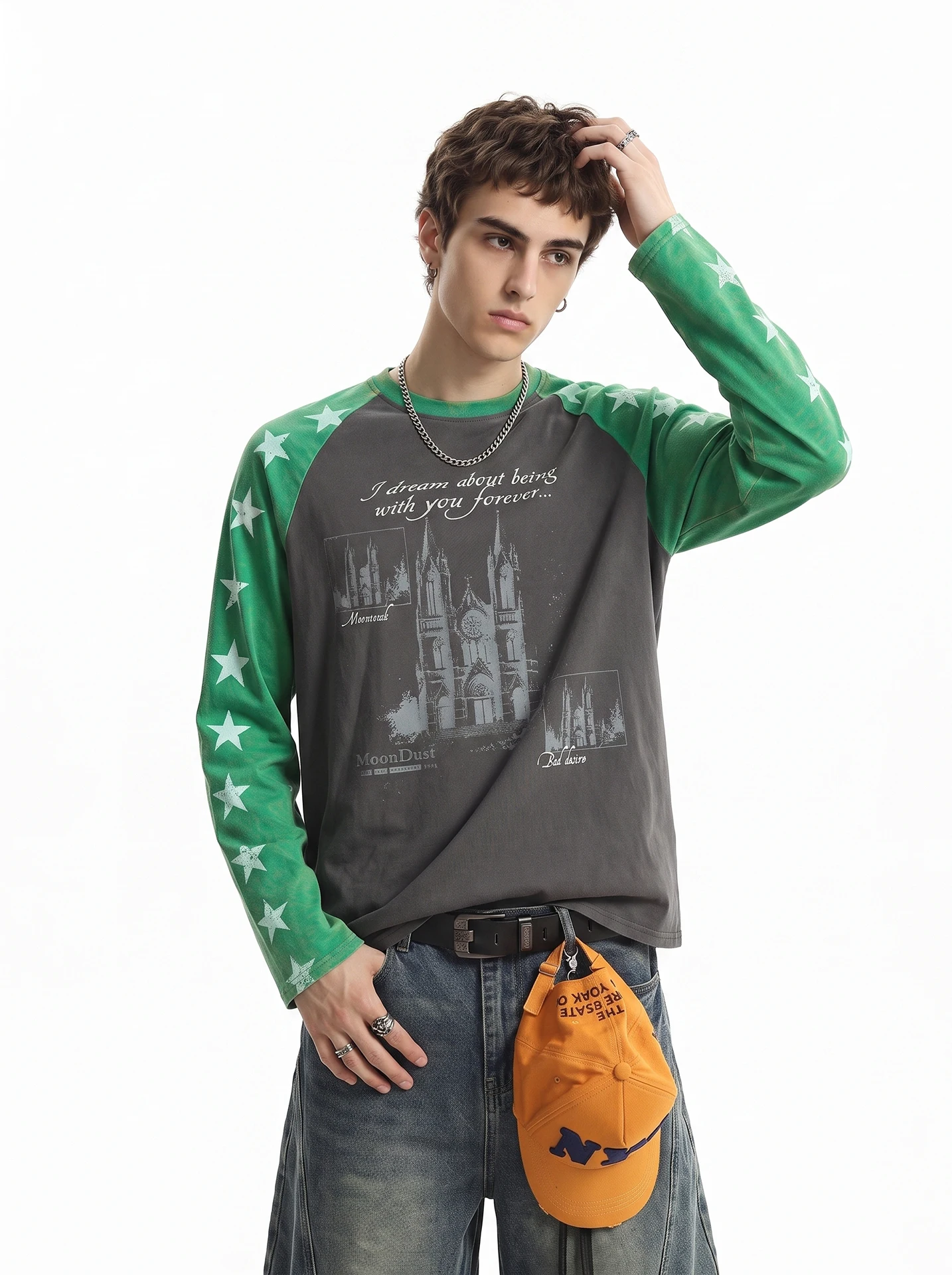 BETEBULE American High Street Printed Color Block Long Sleeve T-Shirt Men's Loose Top Fashionable Streetwear Autumn Wear