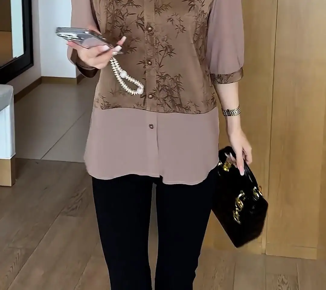 Splicing Age Reducing Shirt Women\'s Summer New Versatile Shirt Chinese Style Western Concealing Belly with Five Sleeve Top