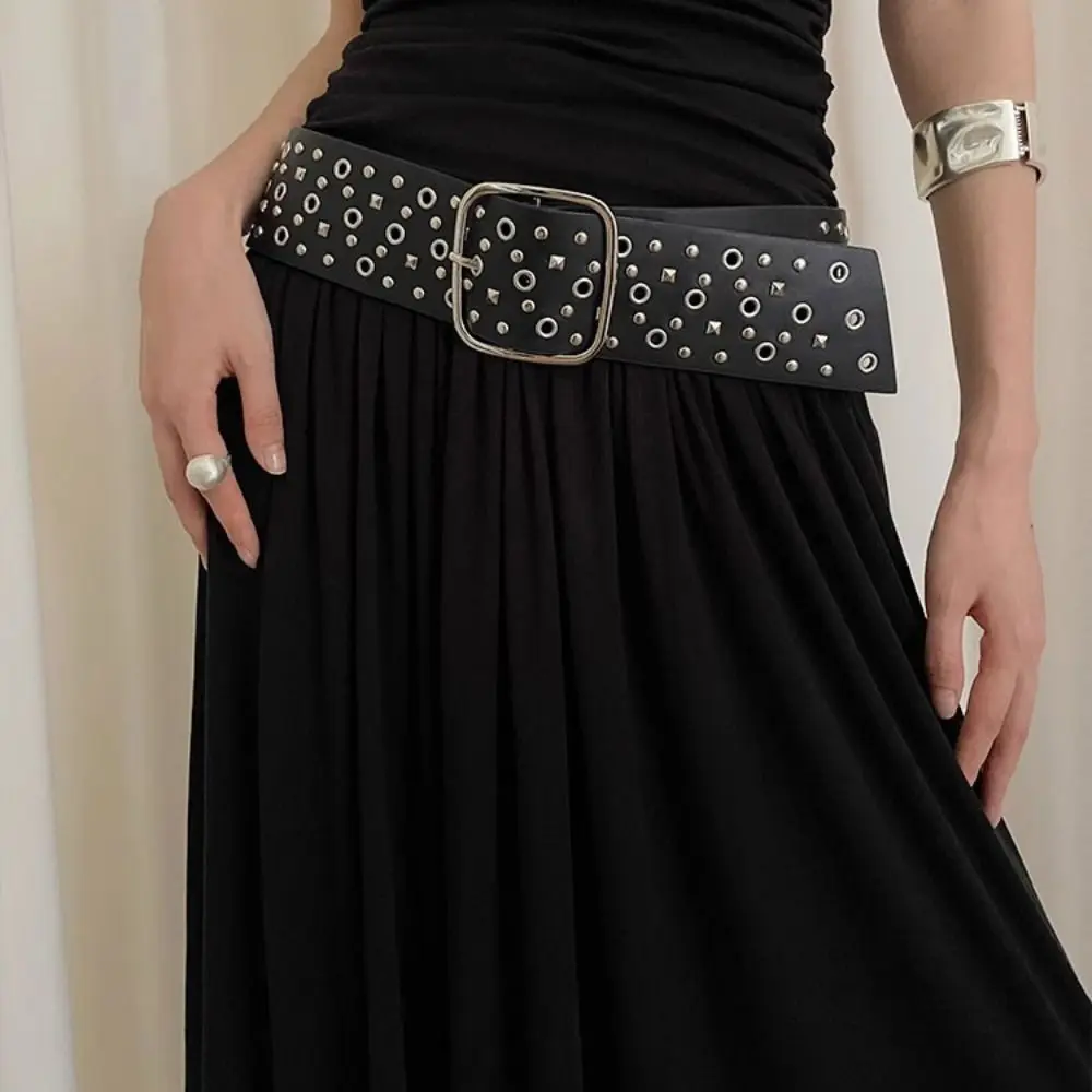 Elegant Rivet Cowgirl Belt Suede Y2K Wide Waistband Korean Style Round Buckle PU Leather Belt Jeans