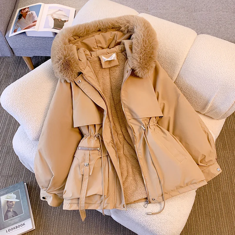 Woman Padded Cotton Coat Solid Winter Parkas Plush Fur Collar Wool Liner Hooded Jacket Snow Parkas Warm Thick Fleece Overcoat