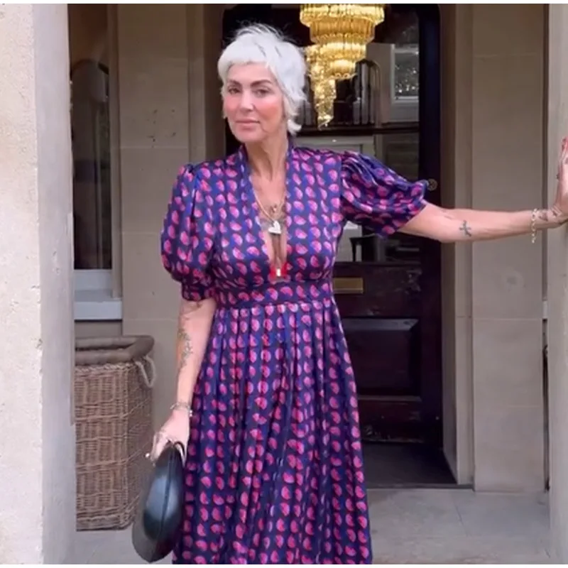 Spring and summer new style elegant deep V-neck short sleeved printed dress cross-border French women's clothing