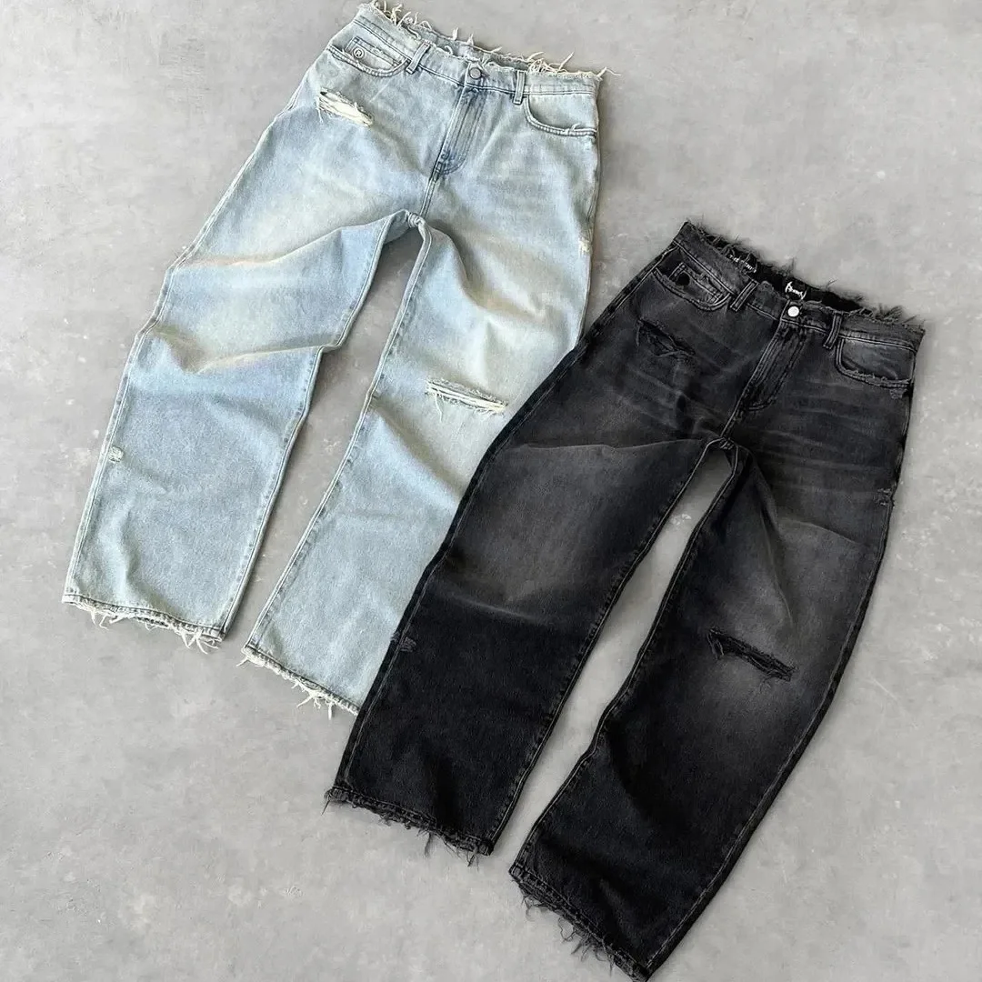 

New Y2K Harajuku Retro Graphic Patch Jeans Hip Hop Gothic Raw Edge Embroidery Black Baggy Jeans Wide Leg Denim Pants Mens Womens