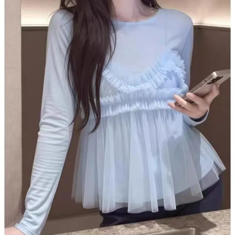 Gentle Wind Stacked Top Set, Mesh Lace Suspenders with Slim Crew Neck Long-sleeved T-shirt Two-piece Set