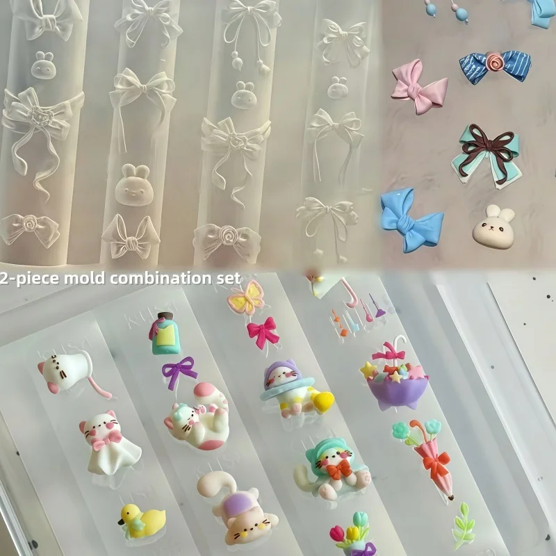 2PCS Nail Art DIY Silicone Mold Set Cat Umbrella Butterfly Knot Small Rabbit 3D Decoration Transparent Nail Molds Combination