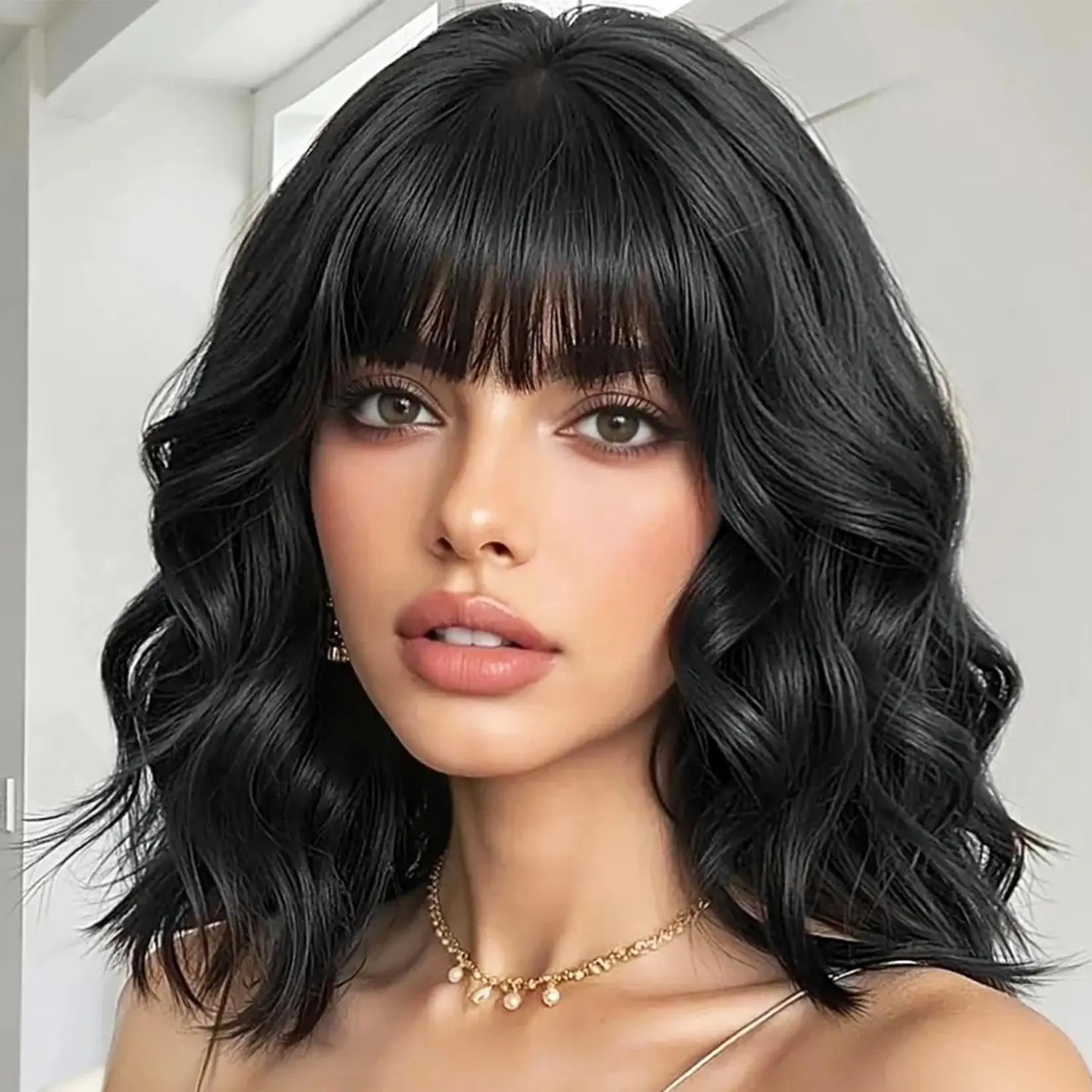 

Black Short Curly Wig With Bangs 14 Inch Wavy Shoulder Length Wig For Women,Natural Looking Bob Curly Hair With Bangs