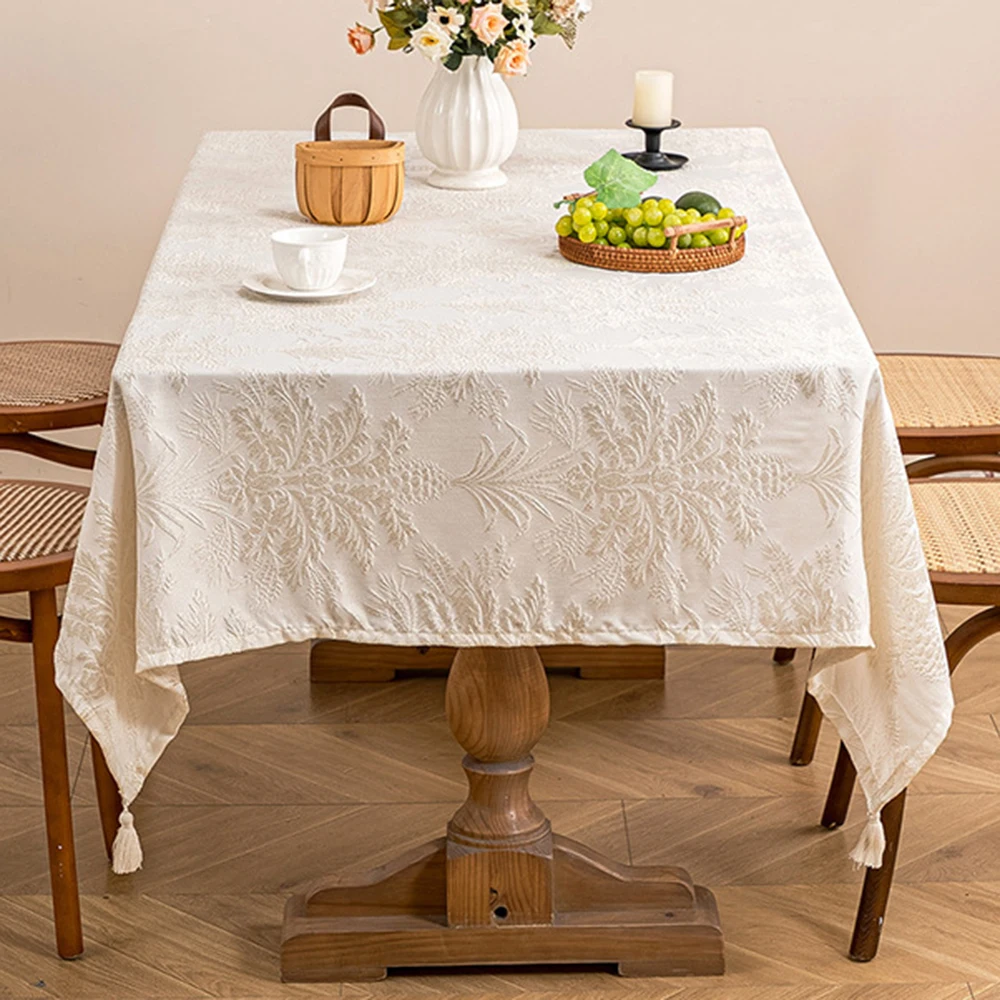 Retro-Style Jacquard White Tablecloth Rectangular Restaurant Decorative Fabric Dust-Proof Woven Fabric Table Decoration Cover