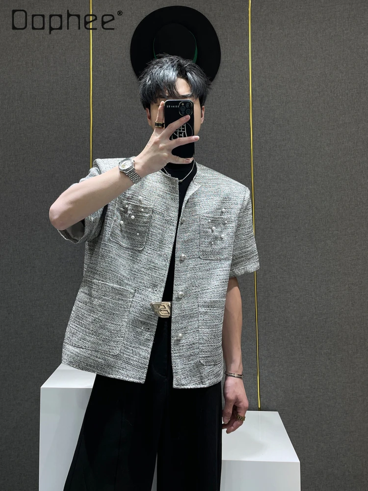 

2025 Summer New Hot Sale Men's Commuter Style High-end Pearl Decorated Short Sleeve Silver Large Pocket Thin Jacket
