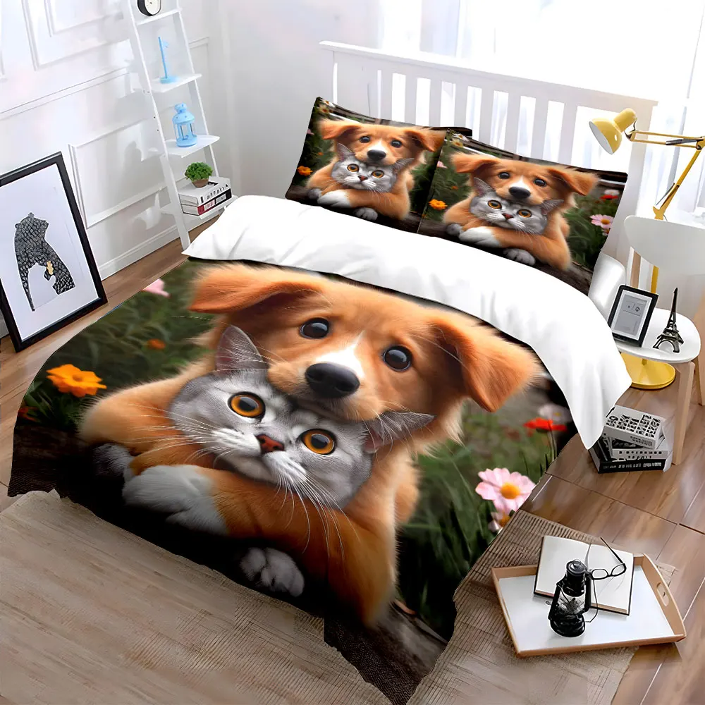 Furry Cat-Dog Hybrid Close-up Bedding Set for Kids Luxury Gift 3pcs Digital Print Comforter Set Soft Comfortable Breathable