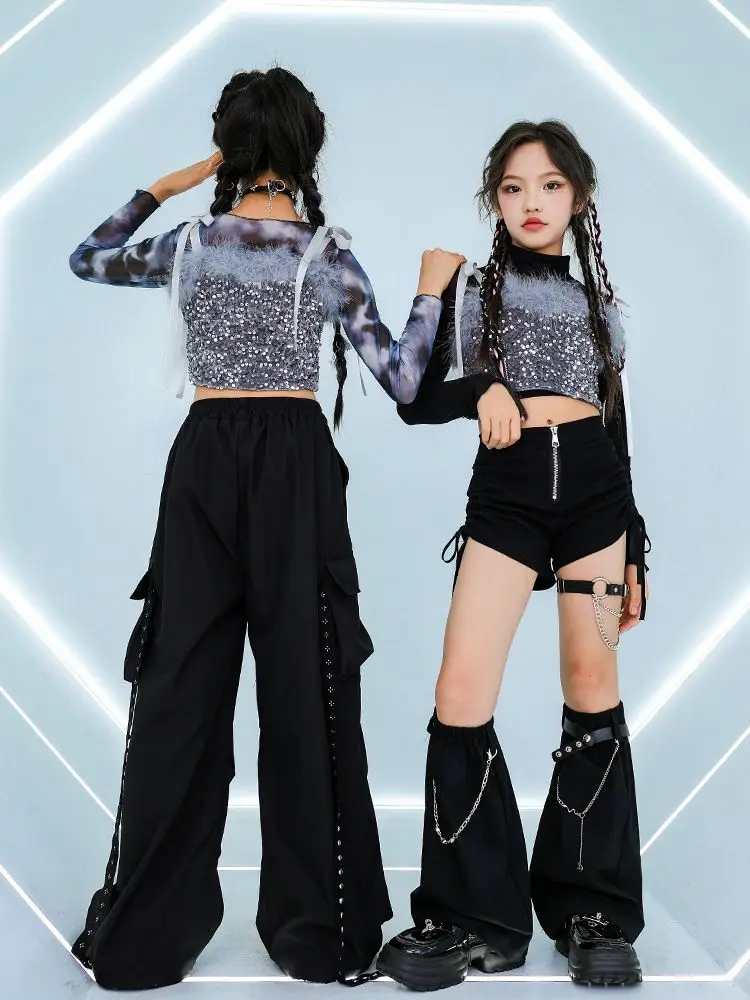 الهيب هوب شارع الرقص الجاز الملابس مجموعات التعادل صبغ شبكة قمم مشرقة سترة كاجرو السراويل الشارع الشهير الطفل الاطفال وتتسابق #4