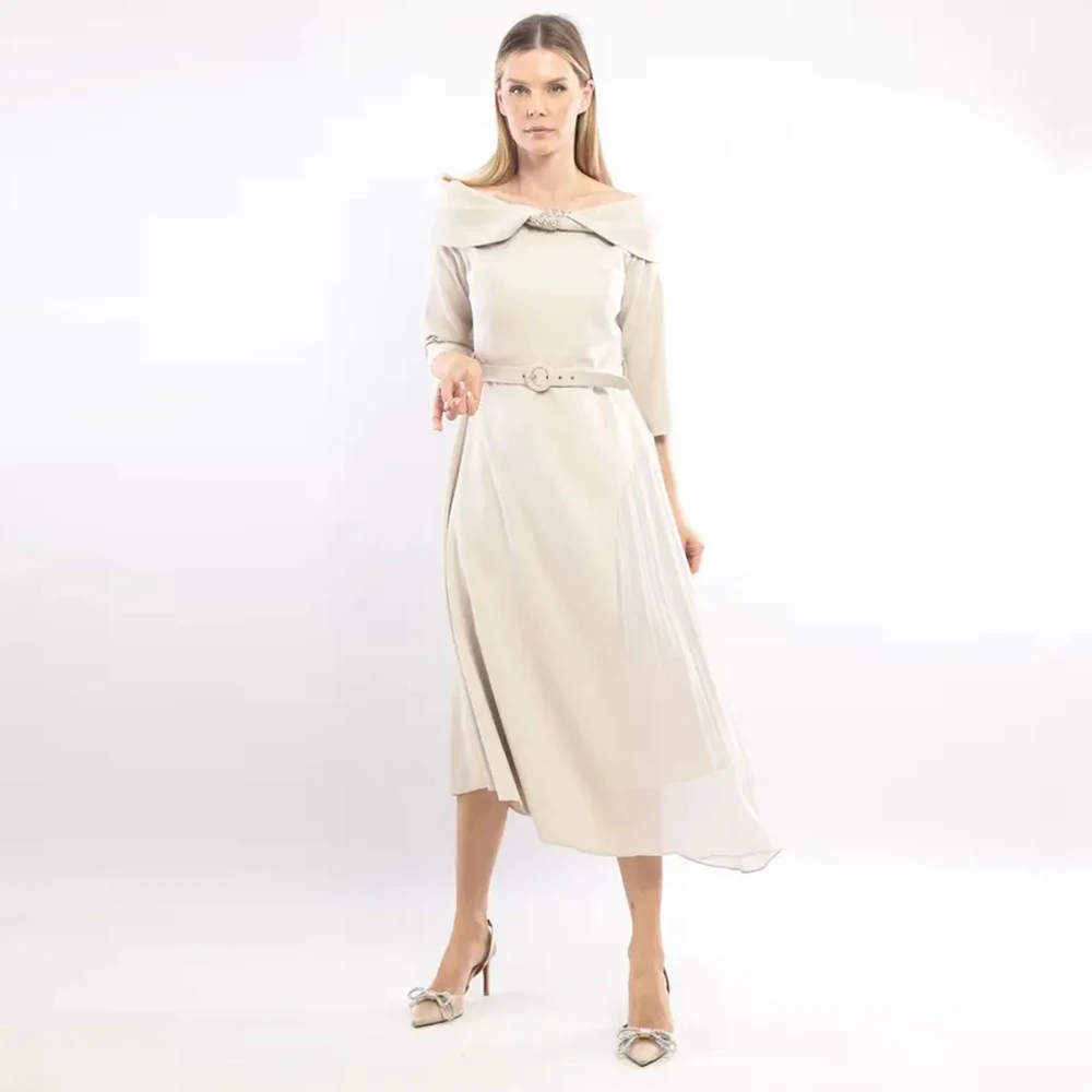 

Customized Off Shoulder Mother of the Birde Dresses for Wedding Guest 2026 Beaded Women's Evening Dress with Sash Long Prom Gown