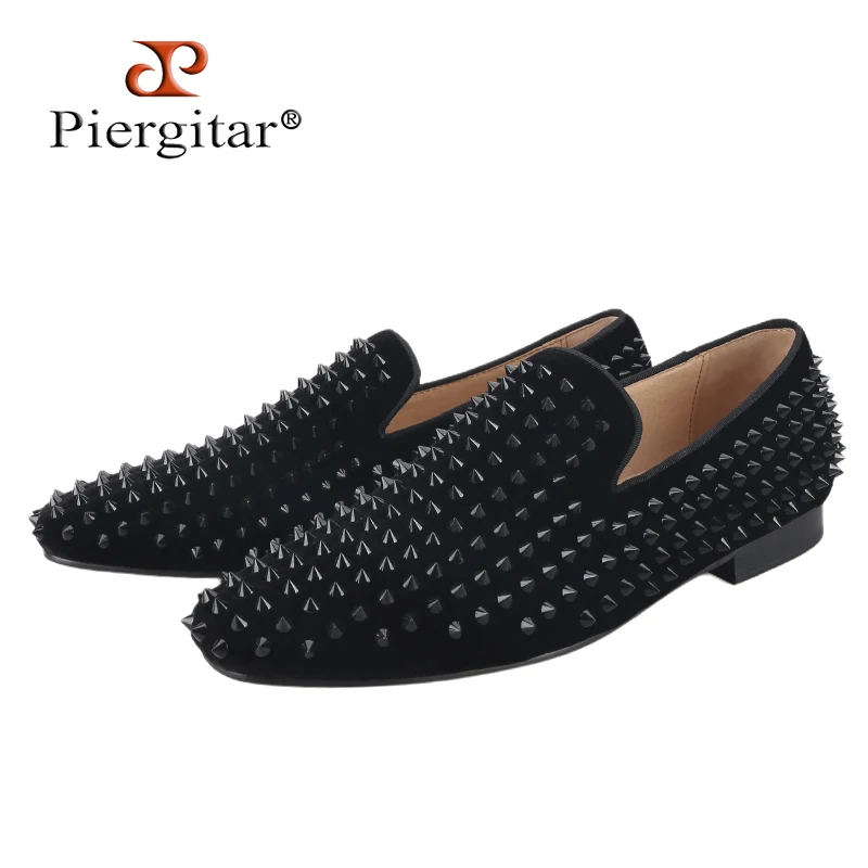 Piergitar Black Color Velvet Men's Loafers With Handmade Black Spikes For Fashion Party And Banquet CL Same Model Red Bottom