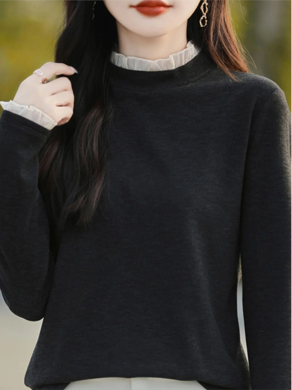 

Ele Lace Wooden round Ne Thiened Double-sided Velvet Super Soft Women's Base irt Autumn Winter New Arrival