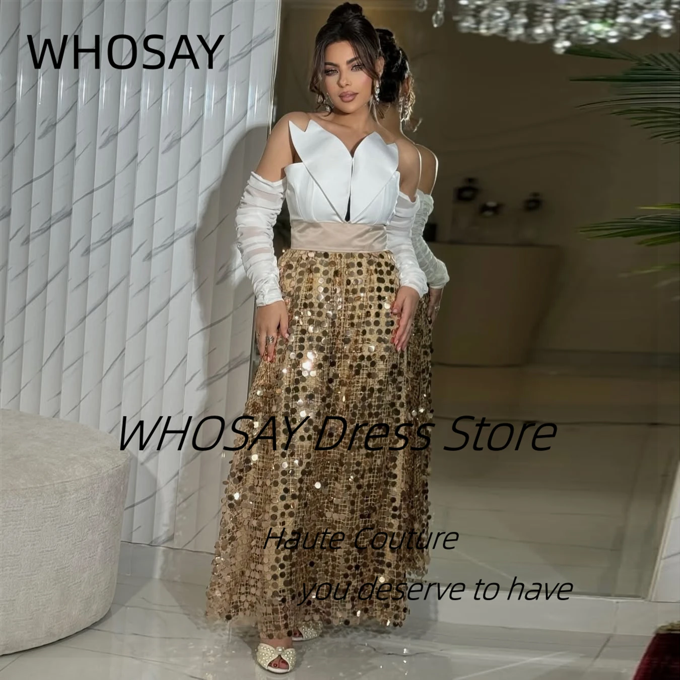 

WHOSAY платья для выпускного вечера 2025 новый стиль декольте с длинными рукавами вечернее платье блестящие блестки на заказ платья для особых случаев по индивидуальному заказу