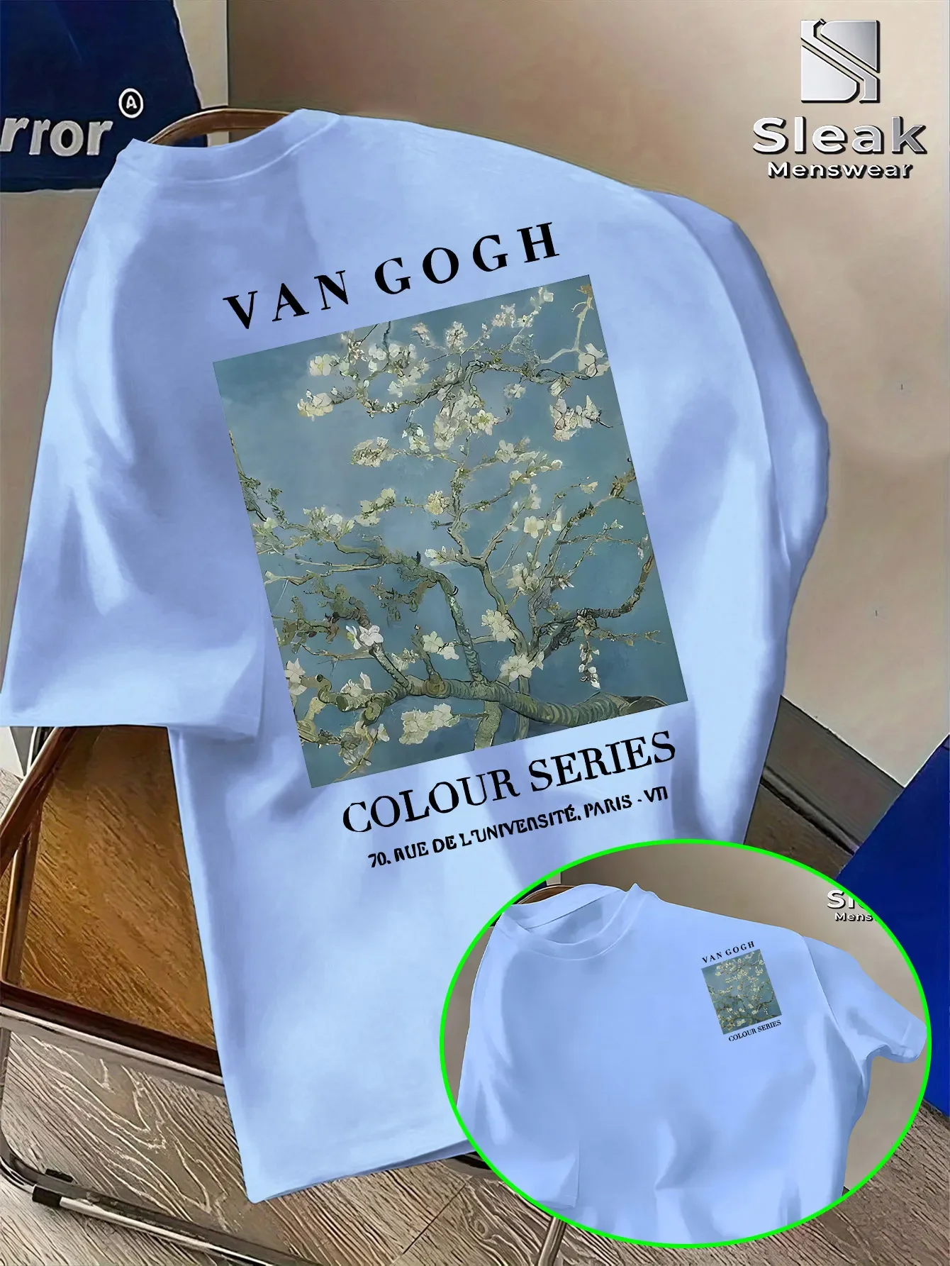 High-quality Pure Cotton Men's T-shirt with Classic Artistic Apricot Blossom Floral Print, Suitable for Everyday Casual Wear