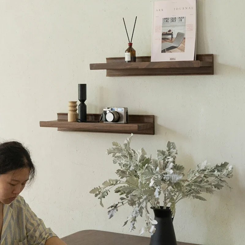 Creative Wall-Mounted Shelf, Simple Black Walnut and Cherry Wood, One-Word Type Storage Holders, Home Display Rack