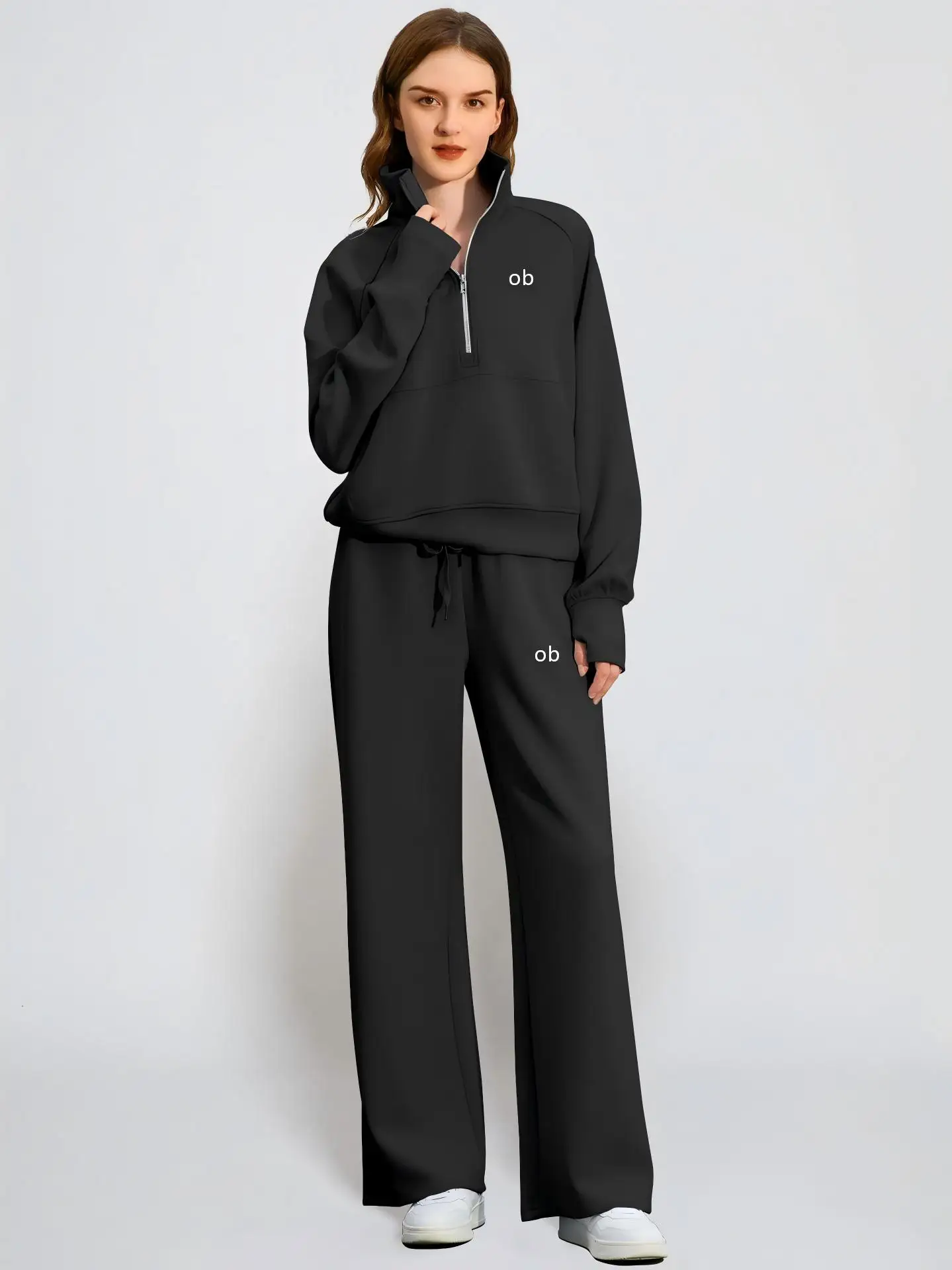 2026 New Style Fashion Women's Retro Two-Piece Set with Extra Large Half-Zip Sweatshirt and Wide Leg Sweatpants for Casual Wear view 6