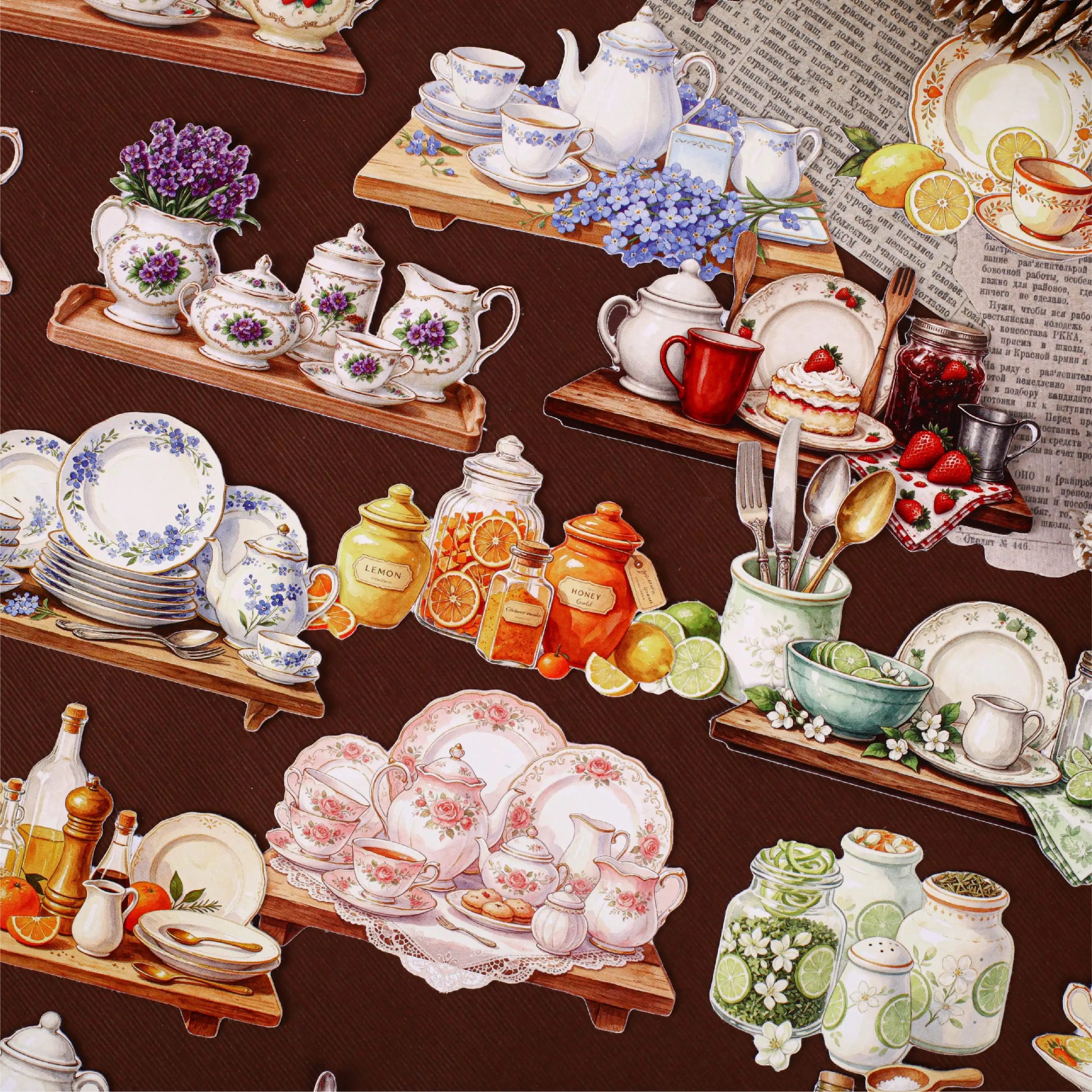 JIANWU Vintage Kitchenware Flower Fruits Landscape Sticker Creative DIY Journal Material Collage Scrapbooking Stationery