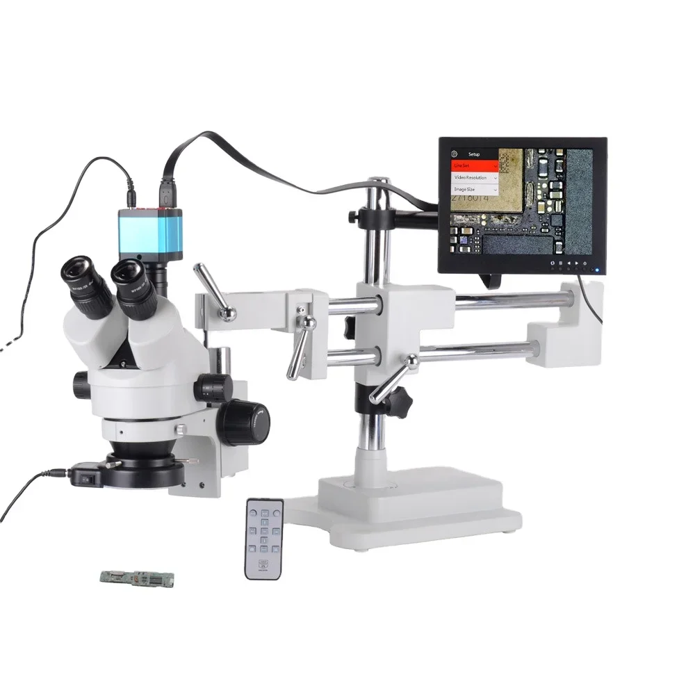 7X-45X Table Pillar Mount Magnification Zoom Trinocular Stereo Microscope Inspect PCB 14MP Microscope Camera + 8 '' LCD