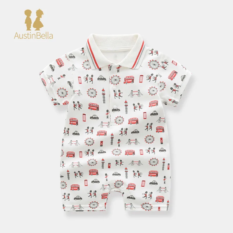 High Quality Summer Baby Clothes Baby Jumpsuit Cotton Print Short Sleeved Lapel Cartoon Newborn Baby Boys Girls Romper 3-24M