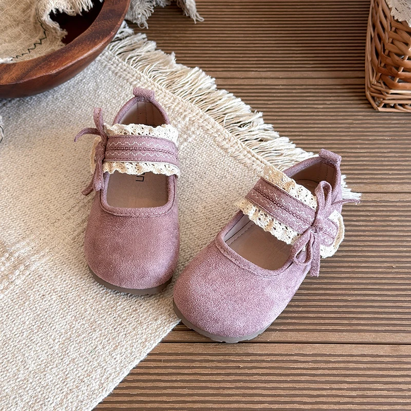 Girls Cottagecore Lace Bow Mary Jane Flats, Toddler Retro Suede‑Like Dress Shoes Hook‑and‑Loop Strap Flat Sole Kids Casual Shoes