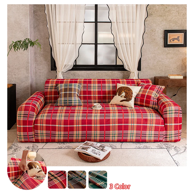 1PC Vintage Plaid Stretch Sofa Cover Elastic Universal Couch Slipcover Anti‑slip Furniture Protector for Living Room