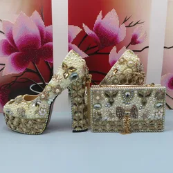 2023 New Arrival Luxury Bling Crystal Round Toe Bridal Platform Shoes and purse for Woman High Pumps Thick Heel Party Shoes