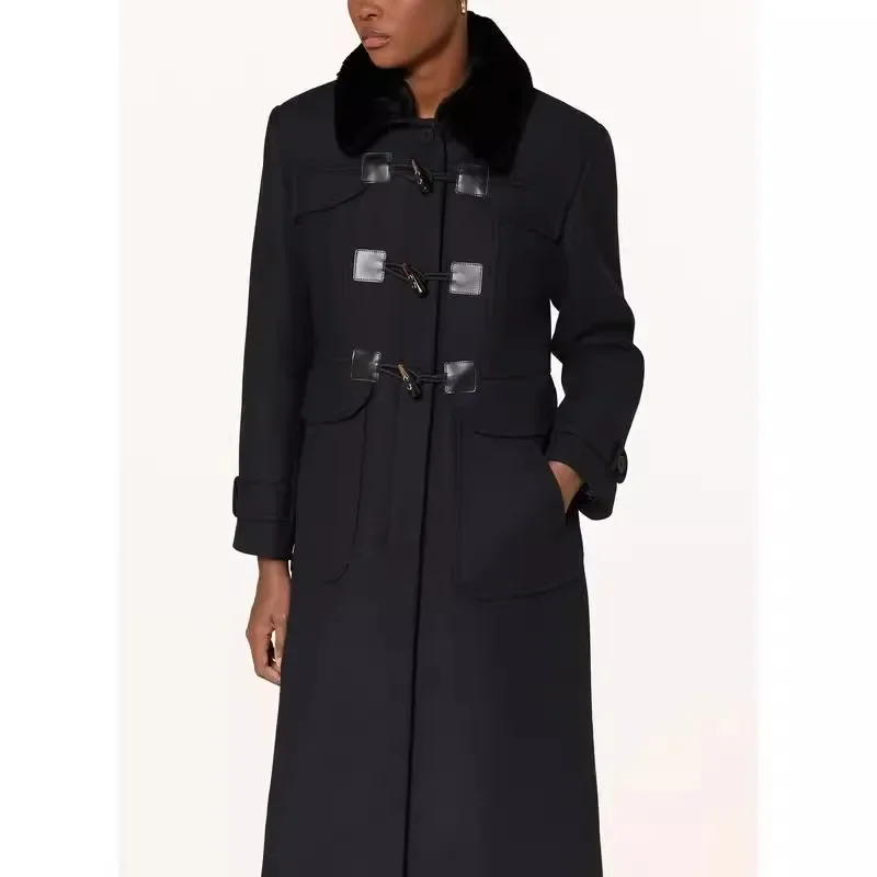 

Women Fur Collar Horn Button Mid-Length Woolen Coat Large Pocket Long Sleeve Autumn Winter Straight Jacket