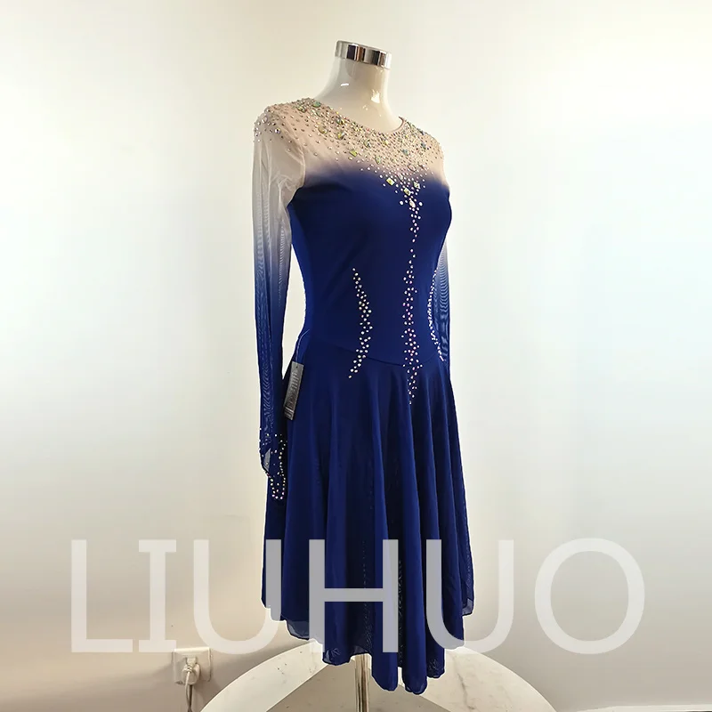 LIUHUO Ice Figure Skating Blue Dress Girls Women Teens Stretchy Spandex Competition Dress