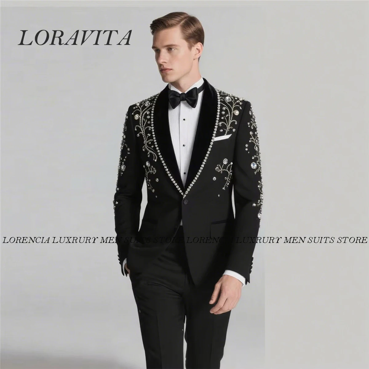 

Customized Beaded Gem Crystals Tuxedos Men Suits 2 Pieces Sets Wedding Groom Tuxedos Male Party Prom Blazer Formal Costume Homme