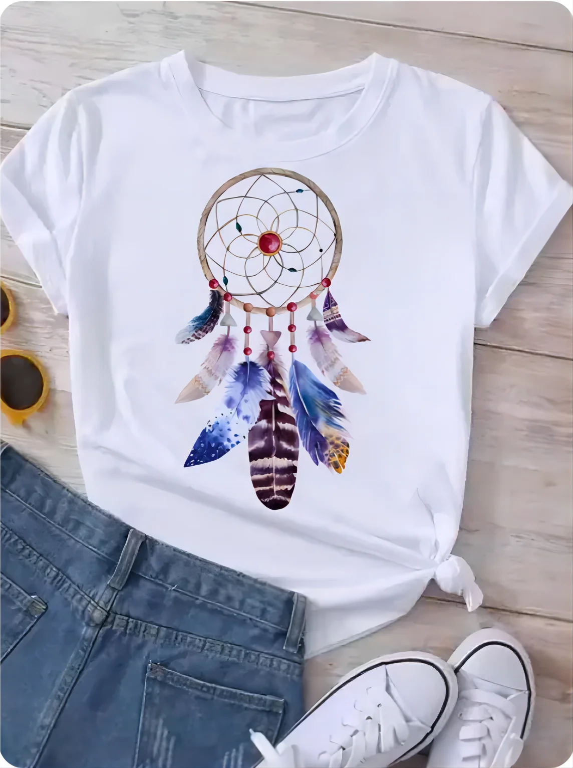 

Women Summer Short Sleeve Sports T-shirt Dreamcatcher Feather Fashion Print Lady T-shirts Top Ladies Womens Graphic Tee T-Shirt