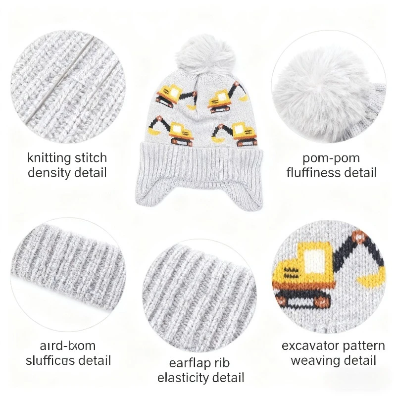 

Multicolor Kids Knitted Beanie with Excavator Pattern Warm Winter Hat with Pom Pom Cartoon Style Headwear for Boys