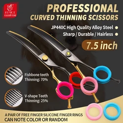 Fenice 7.25 Inch Black and Gold Two-Color Professional Pets Grooming Shears Curved Thinner Chunker Scissors for Medium Dogs