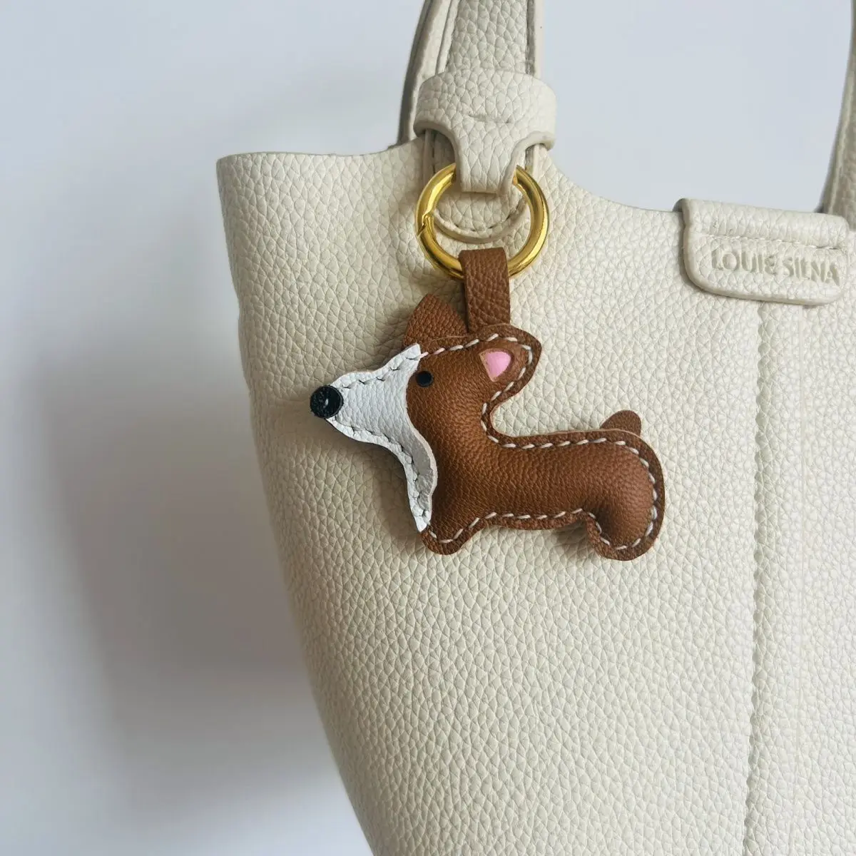 

Cute leather bag charm brown Corgi mini dog handmade keychain pendant vintage cute gift, unique style