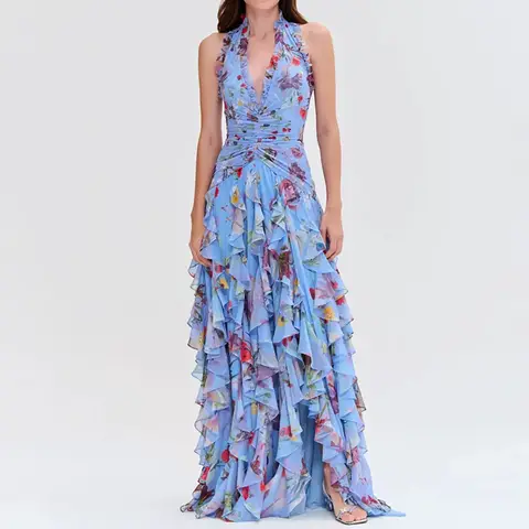 Women Elegant Pattern Print Cake Party Dress Fashion Lace-up Slim Split Long Dress Sexy Halter Sleeveelss Ruffle Holiday Dress