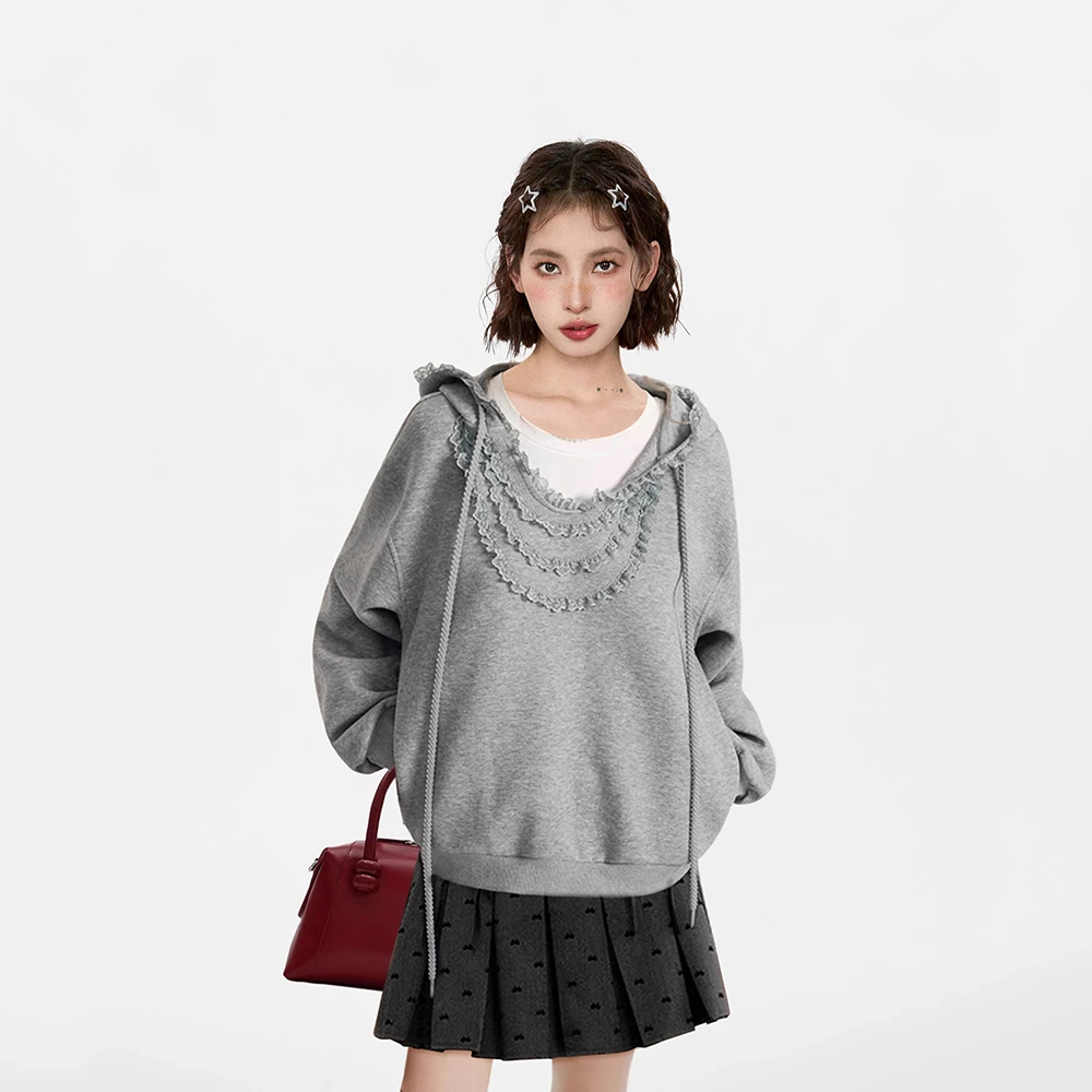 2025 novo cinza hoodie retro outono rendas splice moda topos estilo coreano y2k roupas mulher moletom feminino manga longa hoodies