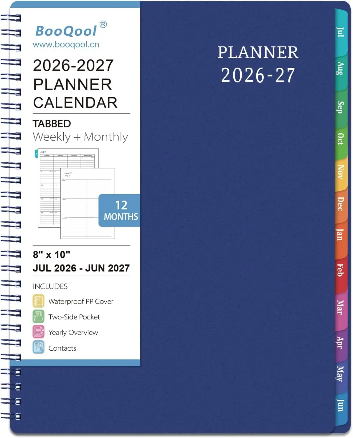 

2026-2027 Academic Planner, 8x10, Weekly Monthly Spiral, 12 Tabs, Blue