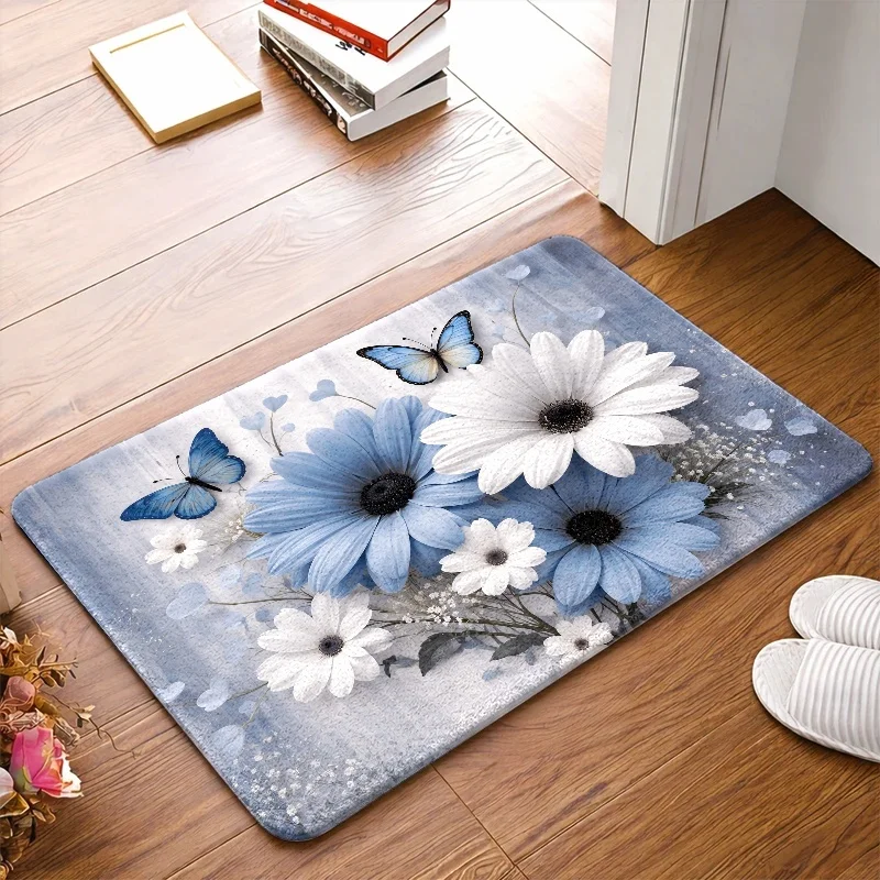 Watercolor Flower Pattern Area Rug Light Blue Tone Print Soft Touch Surface Non Slip Floor Covering For Home Accent