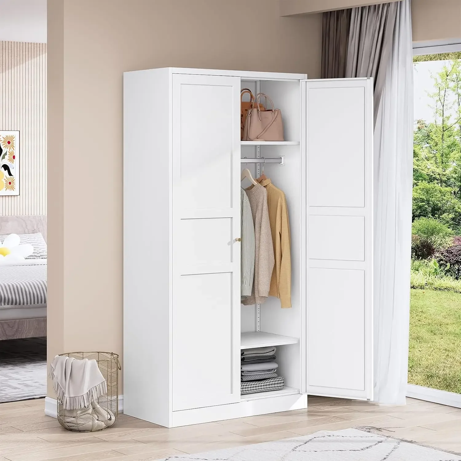 Cabinet,White Armoire Wardrobe Closets Storage Cabinets with Doors and Shelves for Laundry Room,Bedroom,Ho