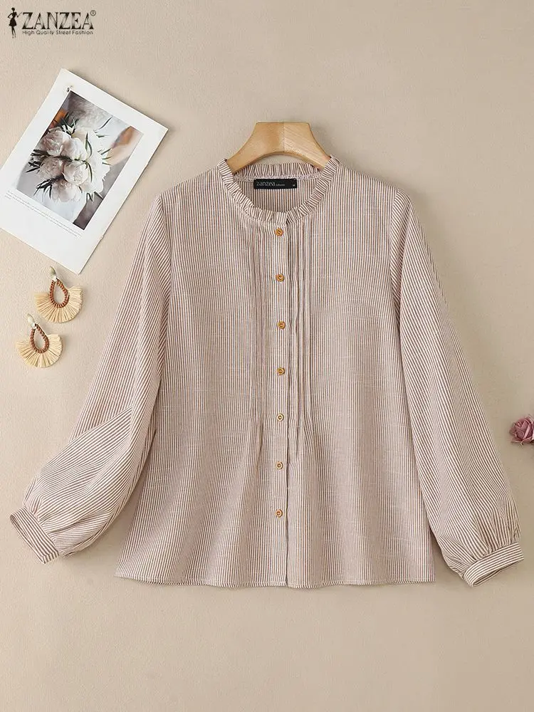 カジュアル女性ピンタック詳細ストライプシャツ秋 2025 フリル O ネックランタンスリーブボタンアップトップス ZANZEA 女性服 S-3XL