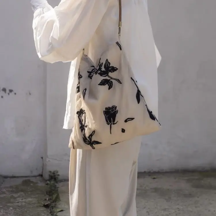 

JIAERDI Retro Double Layer Cloth Tote Bag Women Black Rose Large Capacity Shoulder Bag Ladies Elegant Daily Casual Underarm Bags