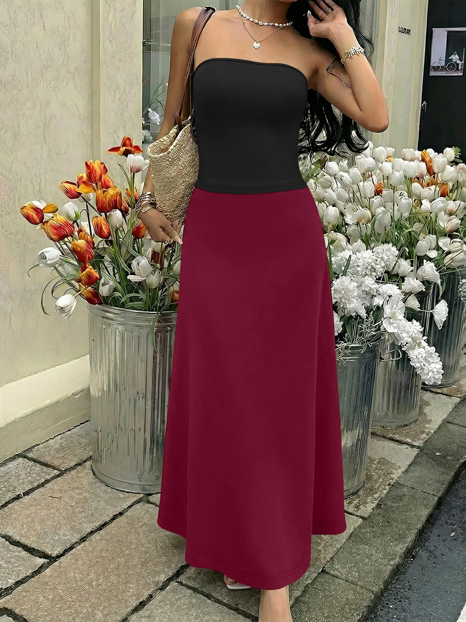 

Fashion Women's 2 Piece Outfit Strapless Tube Top High Waist Long Skirt Solid Color Slim Casual Soft Stretchy Fabric Party Club