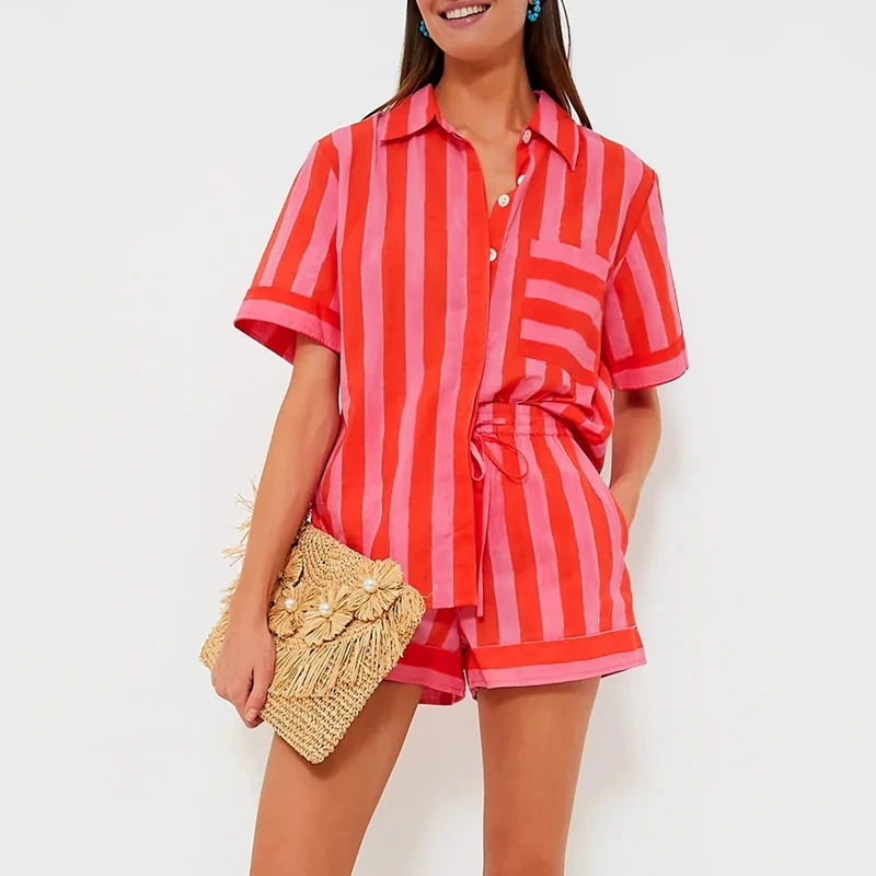 Stripe Print Short Sleeve Loose Blouse Shirt Tops + Shorts Sleepwear Outfits Women Pajamas Set 2 Pieces Loungewear Suits