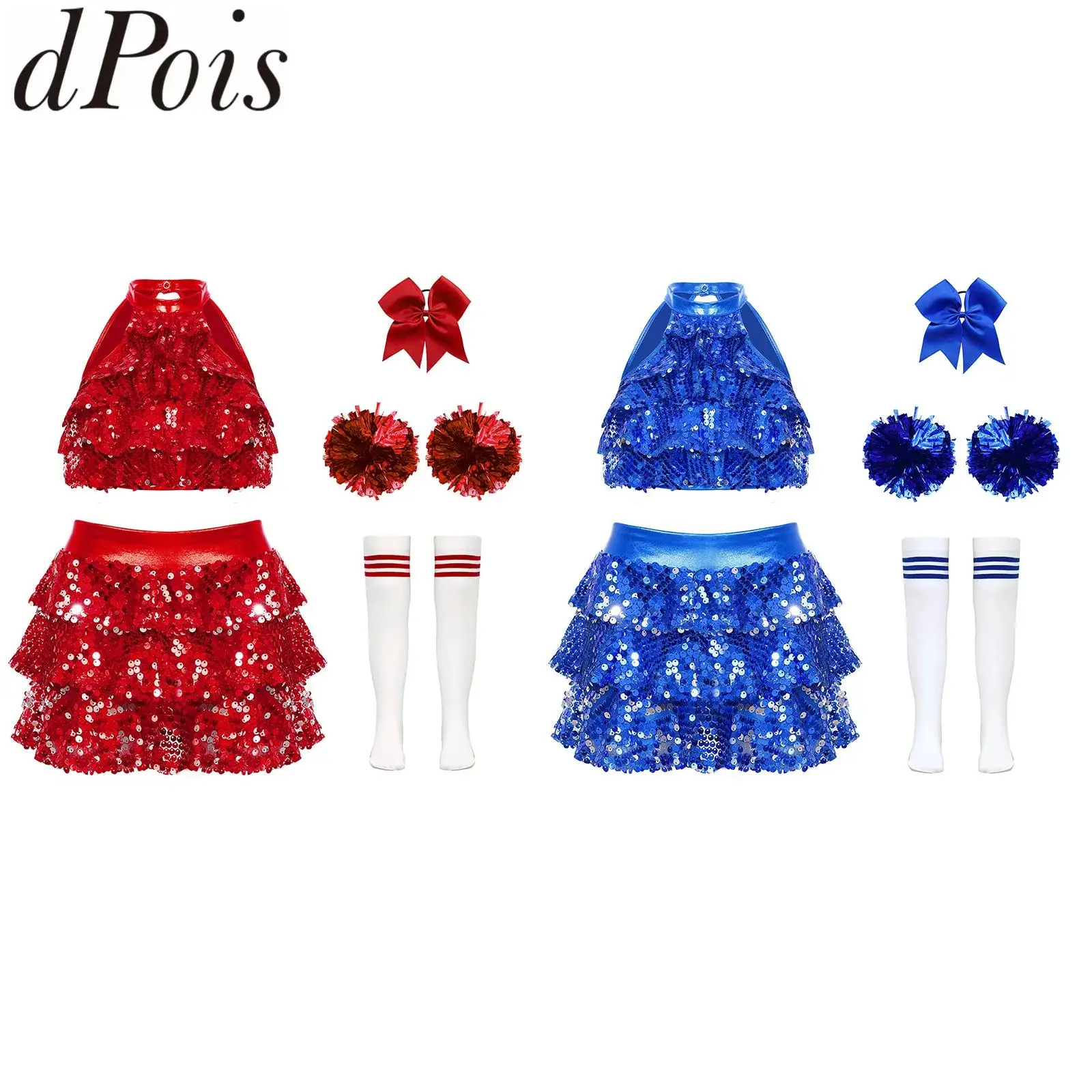 

Детский комплект черлидинга с блестками для девочек, костюм, многоуровневый укороченный топ без рукавов с рюшами-кюлотами, головной убор с бантом, носки с цветочными шариками